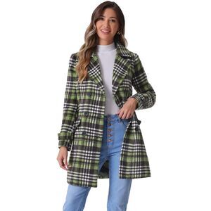 Buffalo Double Breasted Notched Lapel Winter Long Plaids Trench Coat Light Green